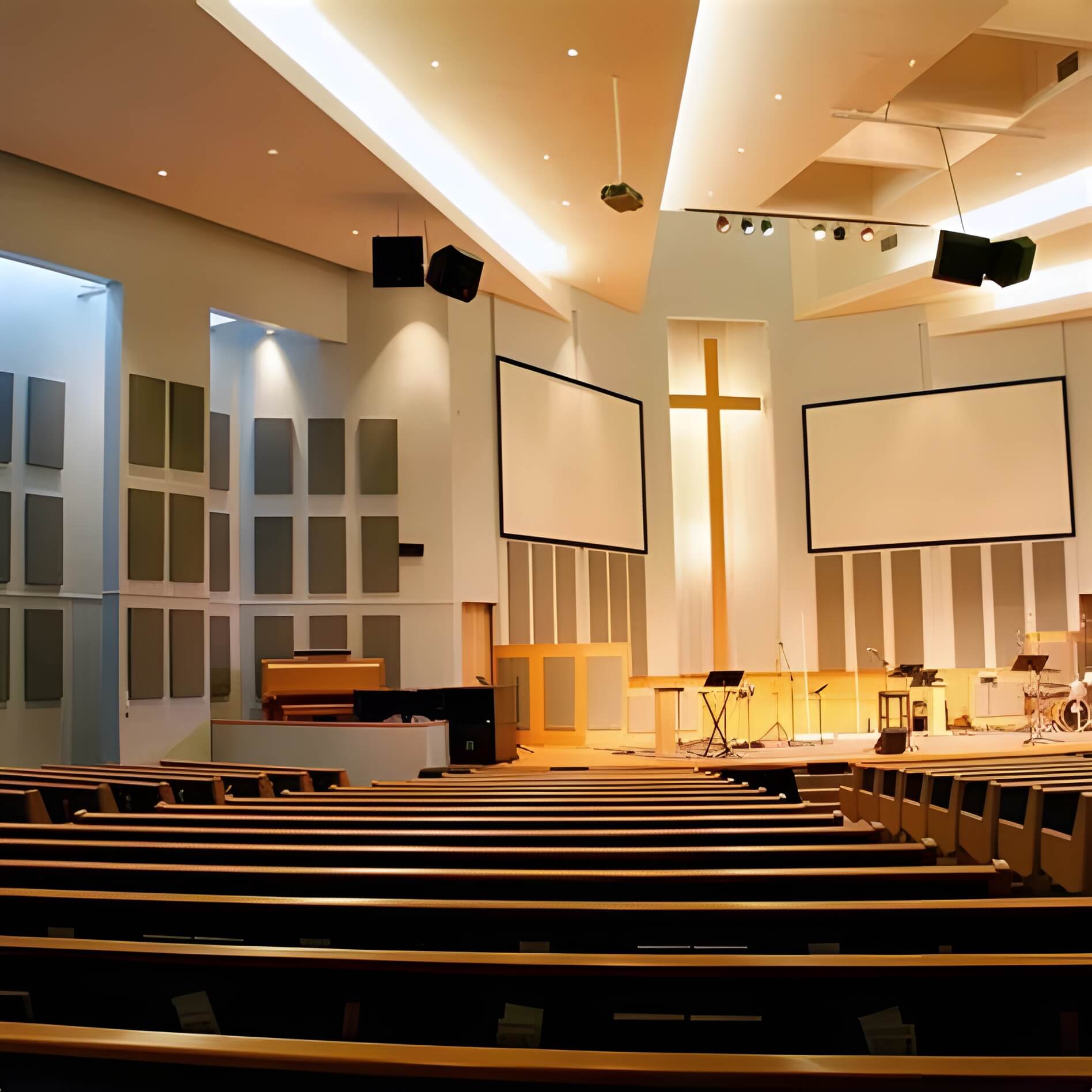 Worship sanctuary with acoustic wall panels designed to improve sermon clarity and musical acoustics in reverberant spaces