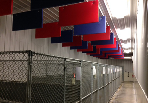 Indoor kennel facility with red and blue acoustic baffles suspended from the ceiling to reduce echo and control noise in high-reverberation environments.