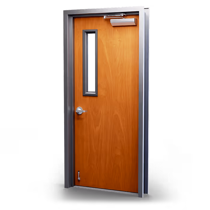 Wooden door with a narrow vertical window, silver handle, and metal frame.