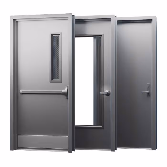 Three grey metal doors side by side: one with a horizontal push bar and small rectangular window, one with a large rectangular window, and one solid with a handle and lock.