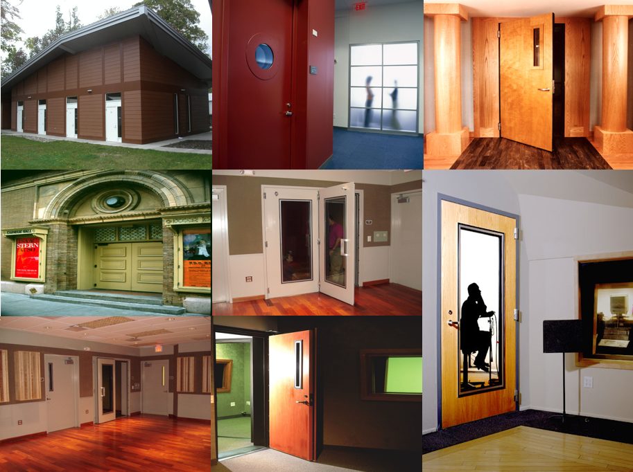 Collage of nine images showing various styles of doors including exterior, interior, glass, wooden, and acoustic doors in different settings.