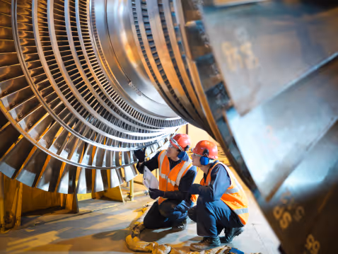 Two industrial workers in orange safety vests and helmets inspecting a large turbine blade inside a facility.
