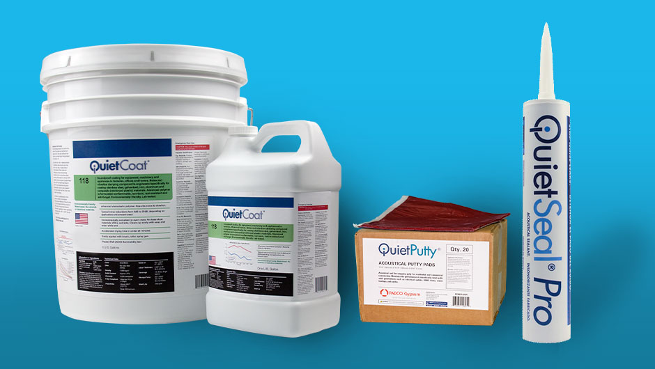 Four acoustic treatment products against a blue background: two buckets of QuietCoat liquid, a box of QuietPutty acoustical putty pads, and a tube of QuietSeal Pro sealant.