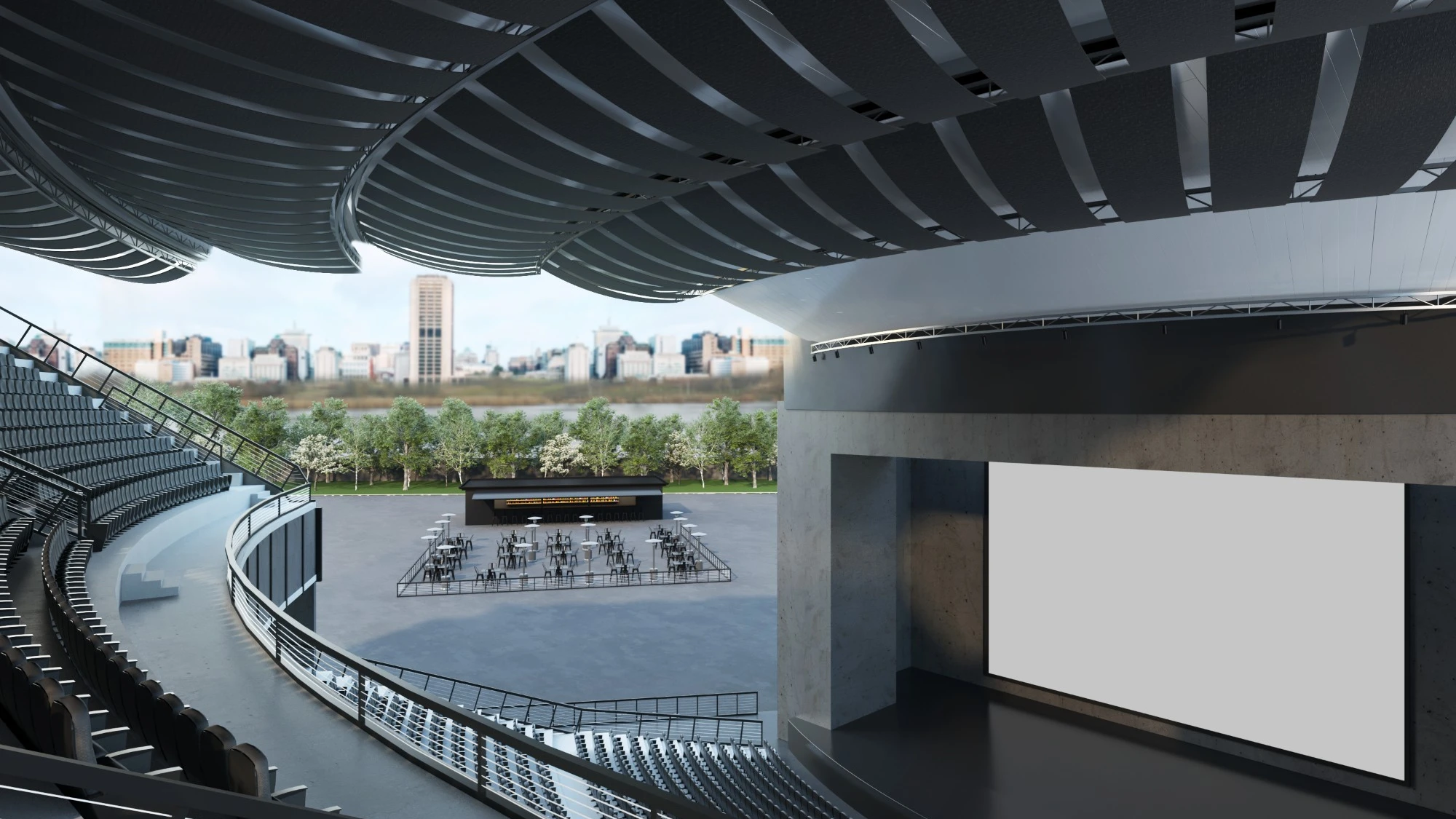 Modern outdoor amphitheater with acoustical banners, a large blank screen on stage, and a bar with tables in an open area, city skyline in the background.