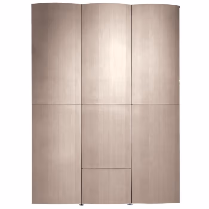 Modern wooden room divider with six tall curved panels in light wood finish.