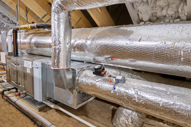Insulated HVAC ductwork and equipment installed in an attic with wooden beams.