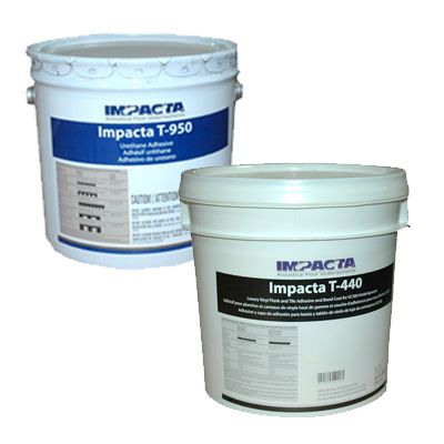 Two white buckets of Impacta adhesives labeled T-950 and T-440.