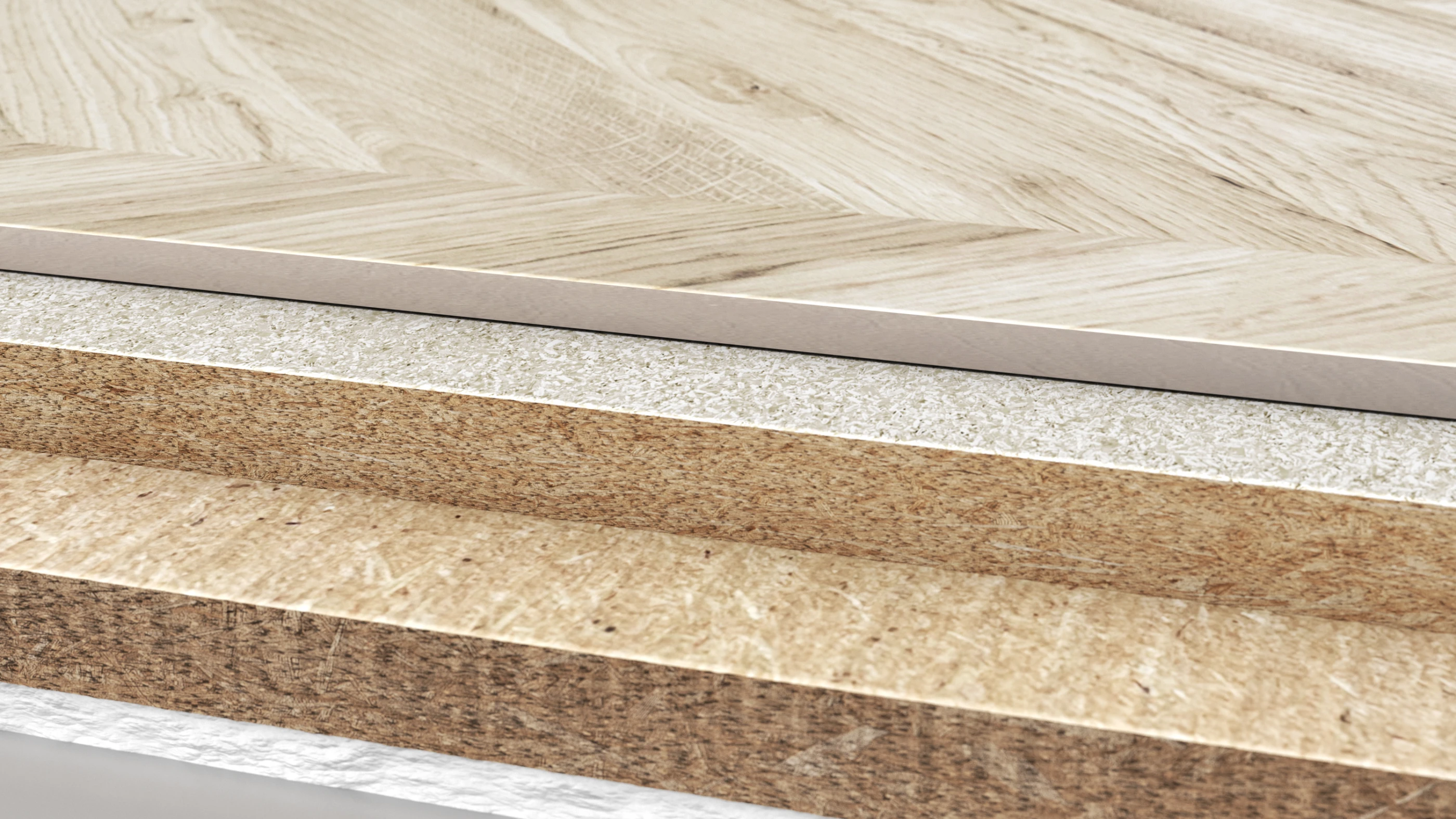 Close-up side view of layered construction materials, including a patterned wood surface and several particleboard layers.