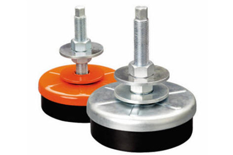 Two vibration mounting pads with threaded bolts, one with an orange top plate and the other with a silver top plate.