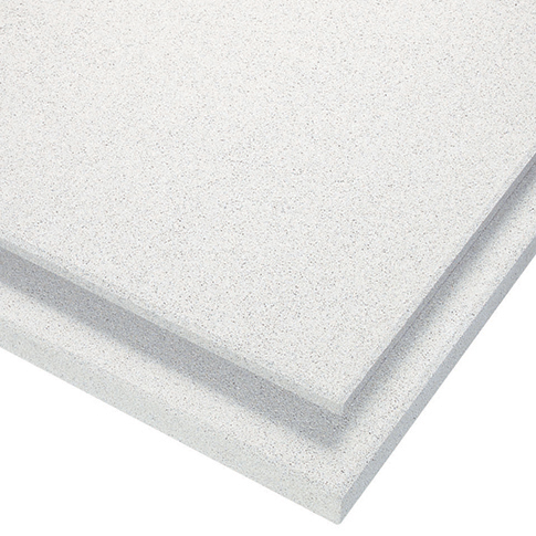 Two white acoustic ceiling tiles with a speckled texture stacked on each other.
