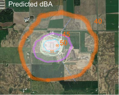 Aerial map showing predicted noise levels around a plant with concentric colored lines indicating dBA levels of 40, 45, 50, 55, and 60.