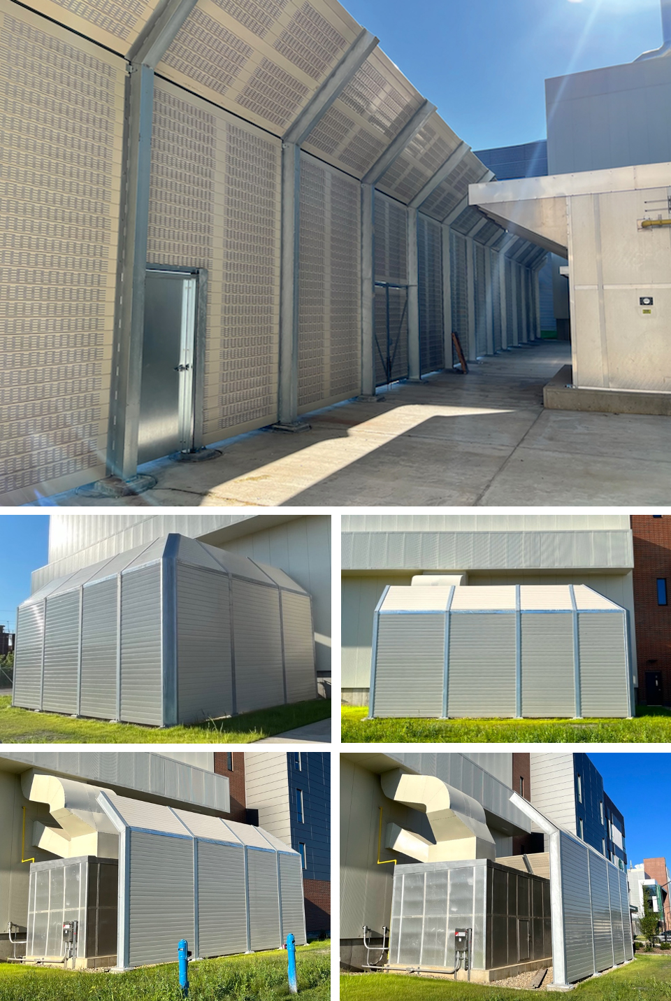 Collage of five images showing metal and panel structures including a tall sound barrier wall with a door and multiple side views of a metal enclosure around building ventilation or mechanical equipment.