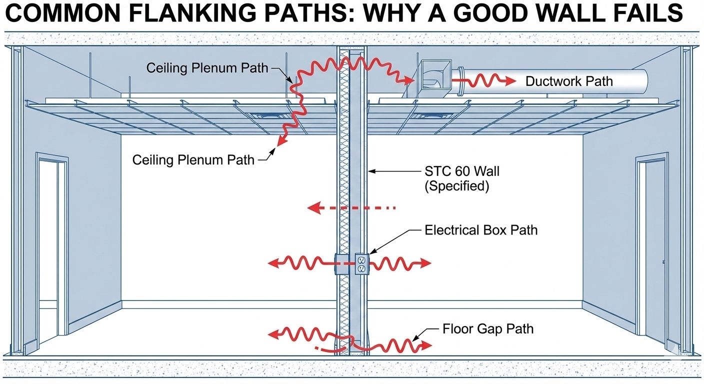 Diagram showing common flanking paths for sound through a wall, including ceiling plenum, ductwork, electrical box, and floor gap paths bypassing an STC 60 wall.