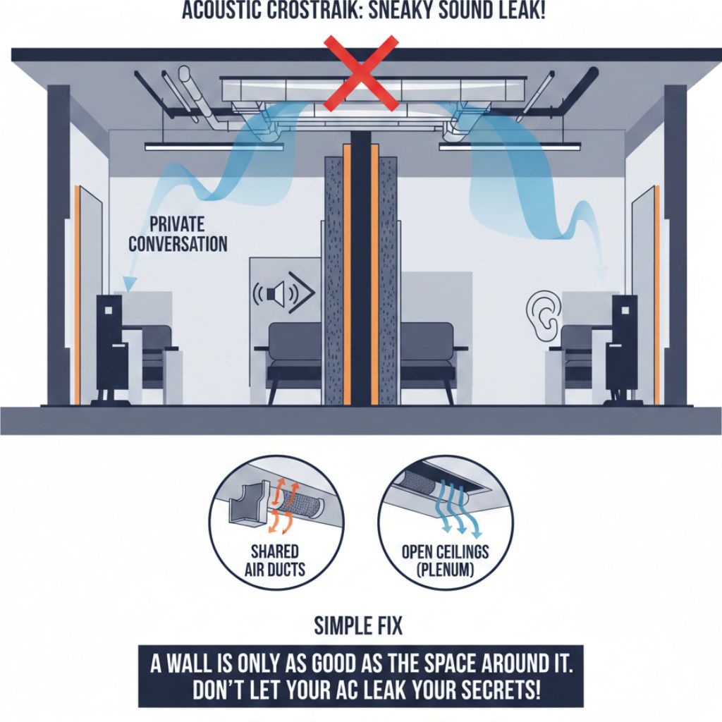 Diagram showing sound leaking between two private conversation rooms due to shared air ducts and open ceilings, with a red X indicating noise leakage and text advising to ensure walls are well sealed to prevent AC sound leaks.