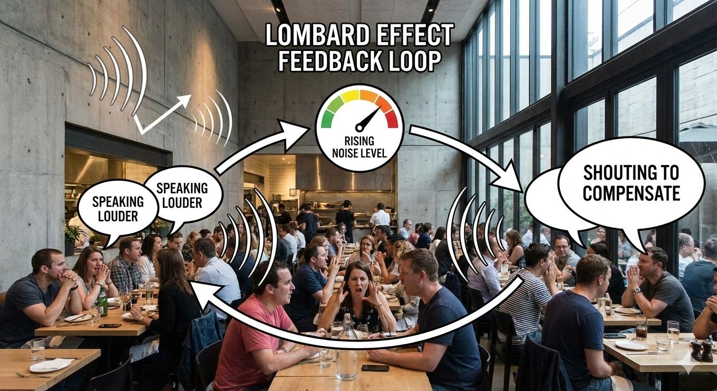 Diagram of the Lombard Effect feedback loop showing people in a noisy restaurant speaking louder and shouting to compensate, raising noise levels.