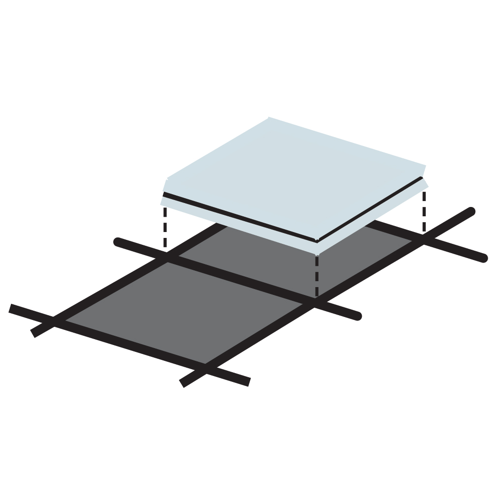 Diagram showing a ceiling tile positioned above a grid framework with dashed lines indicating placement.