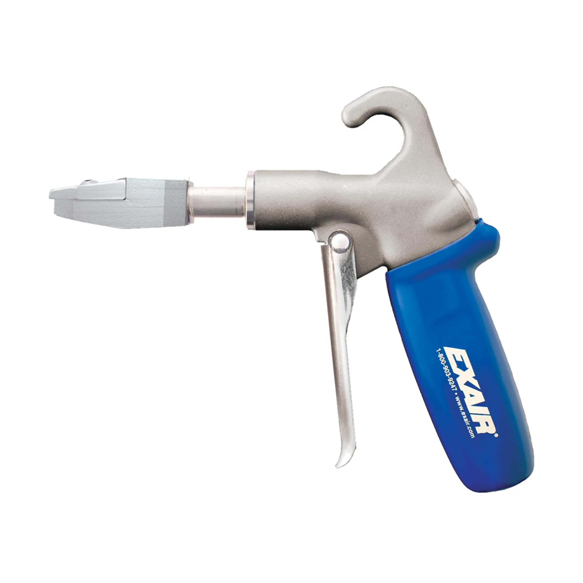Silver air blow gun with a blue handle labeled EXAIR on a white background.