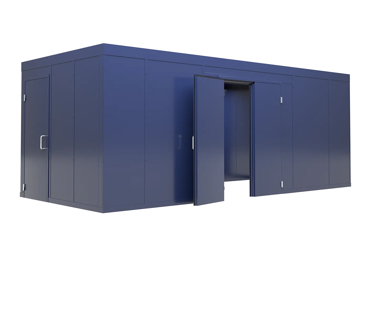 Large blue modular soundproof room with one door fully closed and another door partially open.