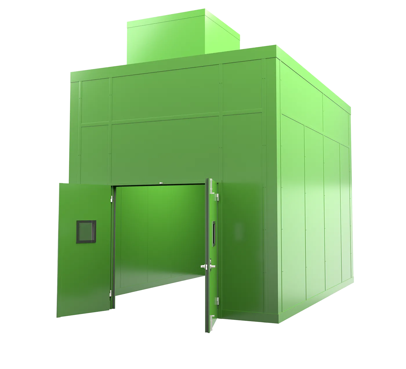 Large green soundproof enclosure with two open double doors.