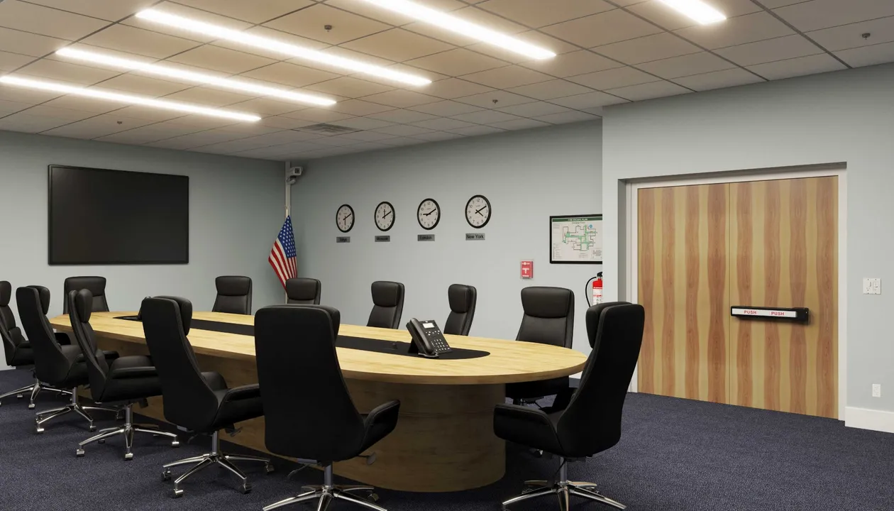 Modern conference room with oval wooden table, black office chairs, wall clocks showing times of different cities, and closed wooden double doors with push bars.
