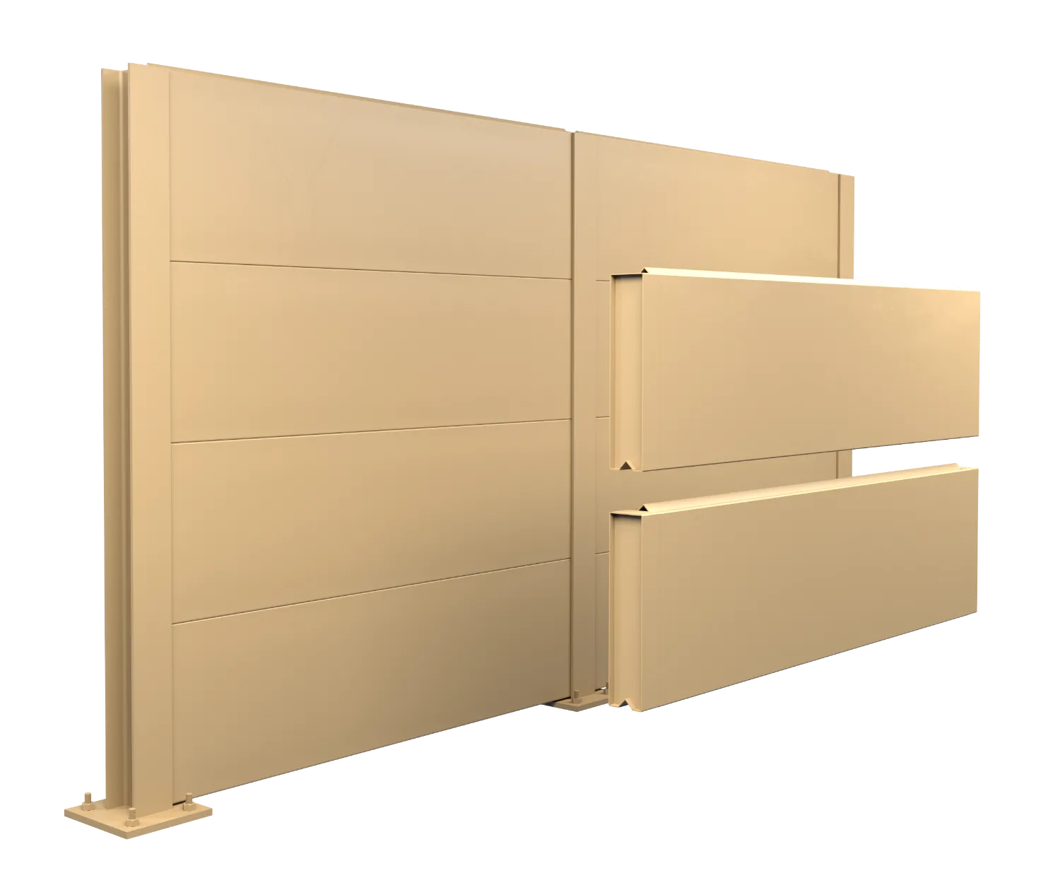 Beige modular metal barrier or panel with detachable horizontal sections on a black background.
