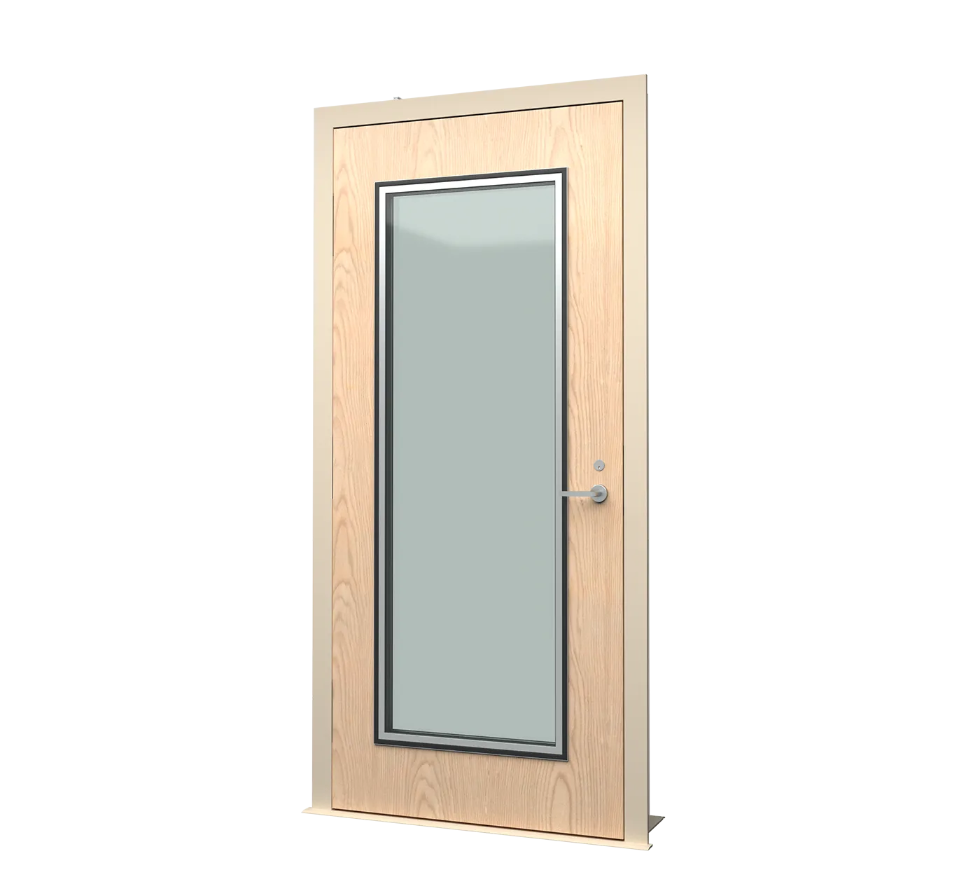 Light wooden door with a large rectangular frosted glass panel in the center and a silver metal handle on the right side.