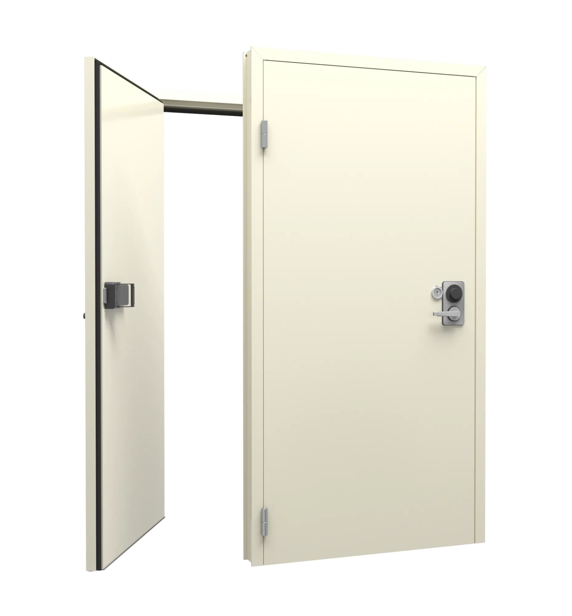 Beige security door with a secondary smaller door open, featuring a lock and handle.