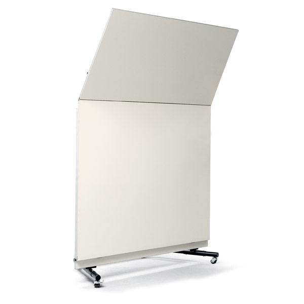 Alla Breve Music Sound Shell by StageRight, compact modular acoustic shell units with adjustable canopies arranged behind choir risers.