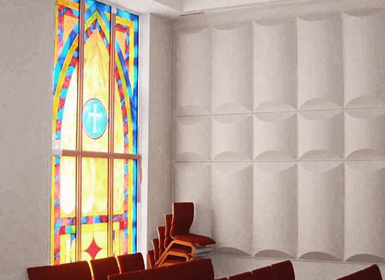 Geometric Diffuser by Kinetics Noise Control, deep-profile multi-directional scattering panel in copolymer finish for auditoriums and worship spaces.