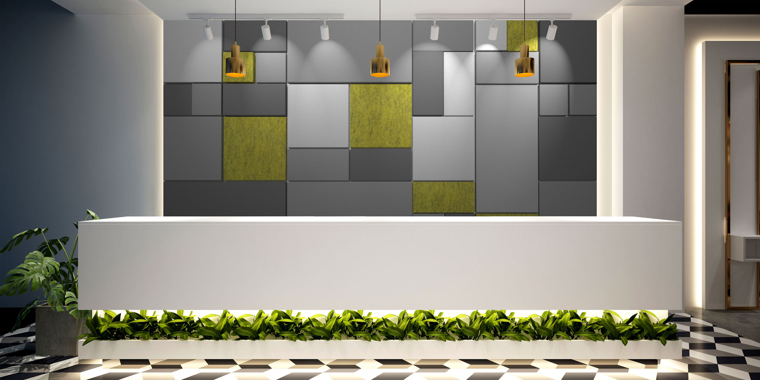 Elegant hospitality interior with finish-integrated acoustic treatment