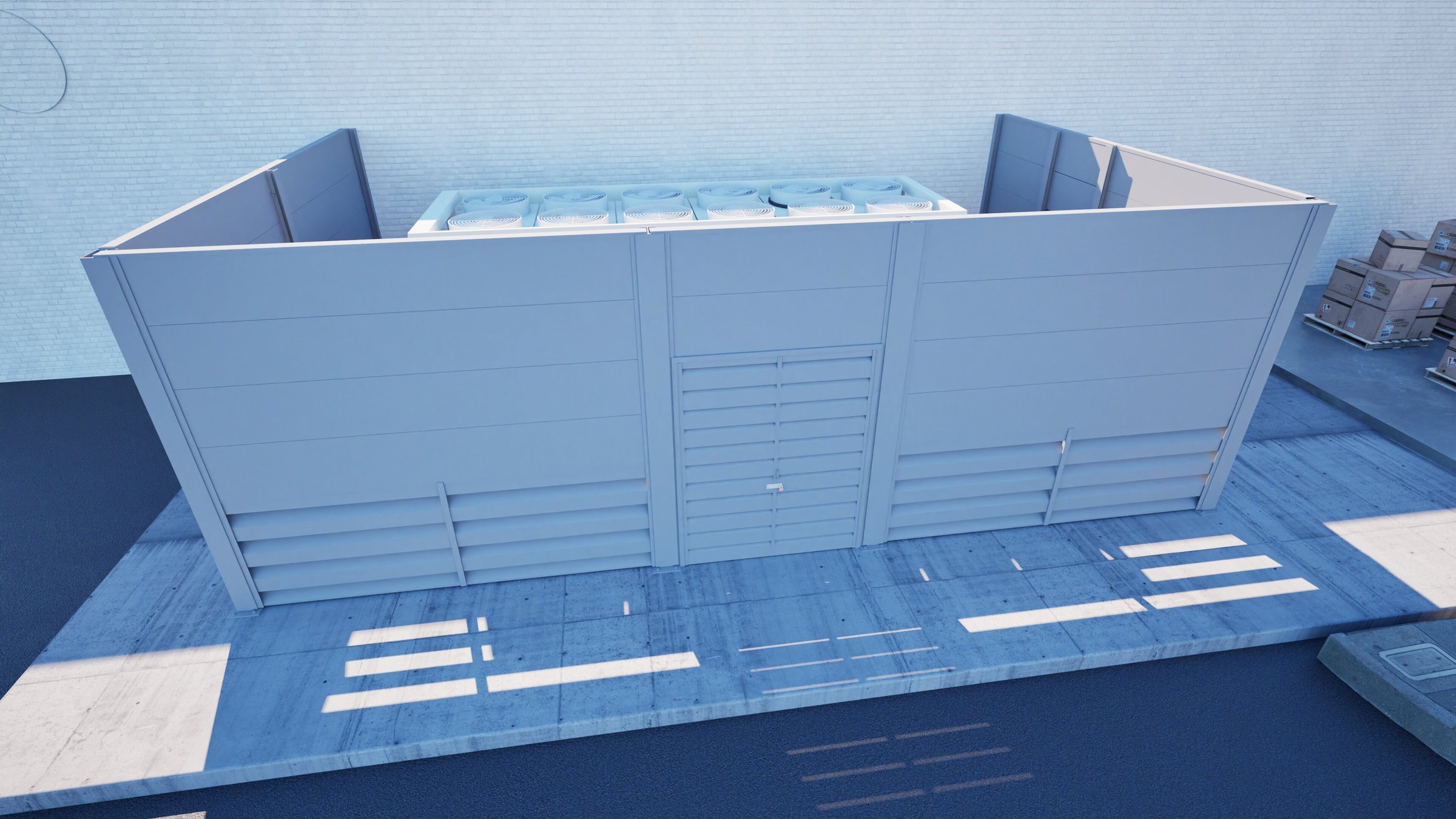 Metal acoustic barrier enclosure around rooftop fans, with louvered ventilation panels and an access door.