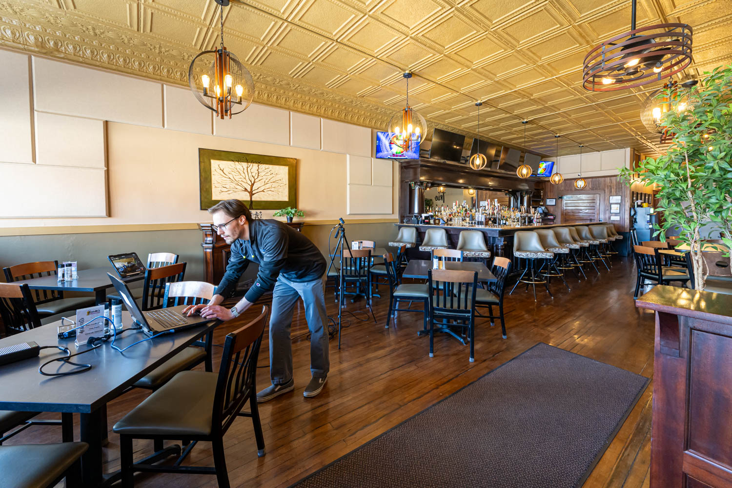 Man in glasses using a laptop on a table inside a cozy bar with wooden floors, decorated ceiling, stools along the bar counter, pendant lights, and framed tree artwork on the wall.