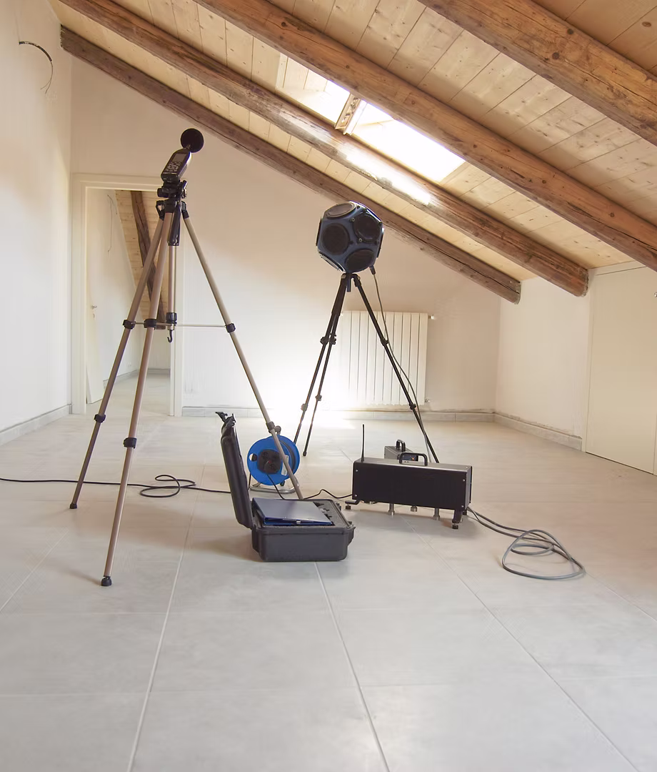 Empty room with slanted wooden ceiling and tiles floor set up for noise measurement, featuring a microphone on a tripod, a black dodecahedron speaker on another tripod, an open black equipment case, and cables.
