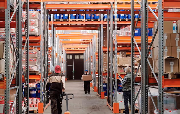 Warehouse interior with tall industrial shelving, workers organizing and transporting boxes, and stocked inventory of containers and packages