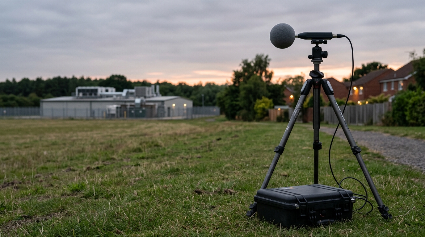 Sound level meter on a tripod measuring ambient noise near a proposed data center site