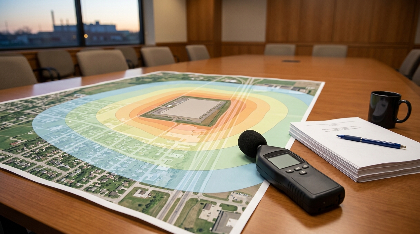 Community noise map and draft noise ordinance on a municipal planning table, with a sound level meter beside them