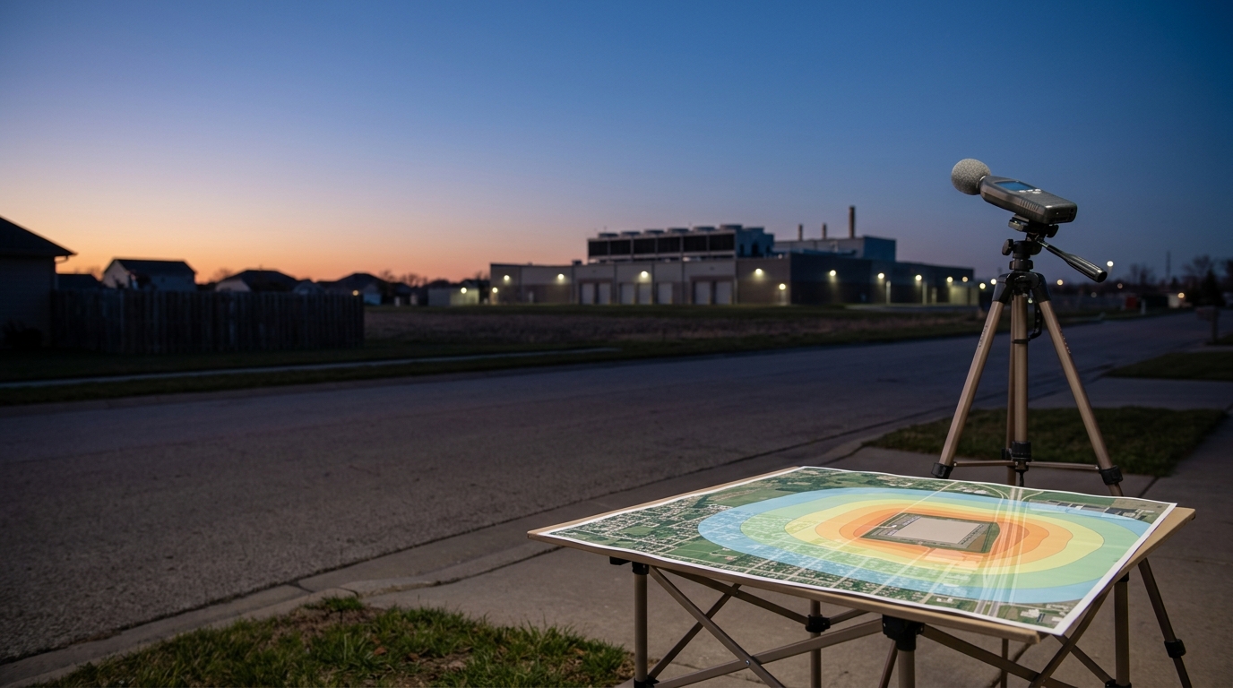 Sound level meter measuring ambient noise near a data center, with a community noise map on a table beside it.