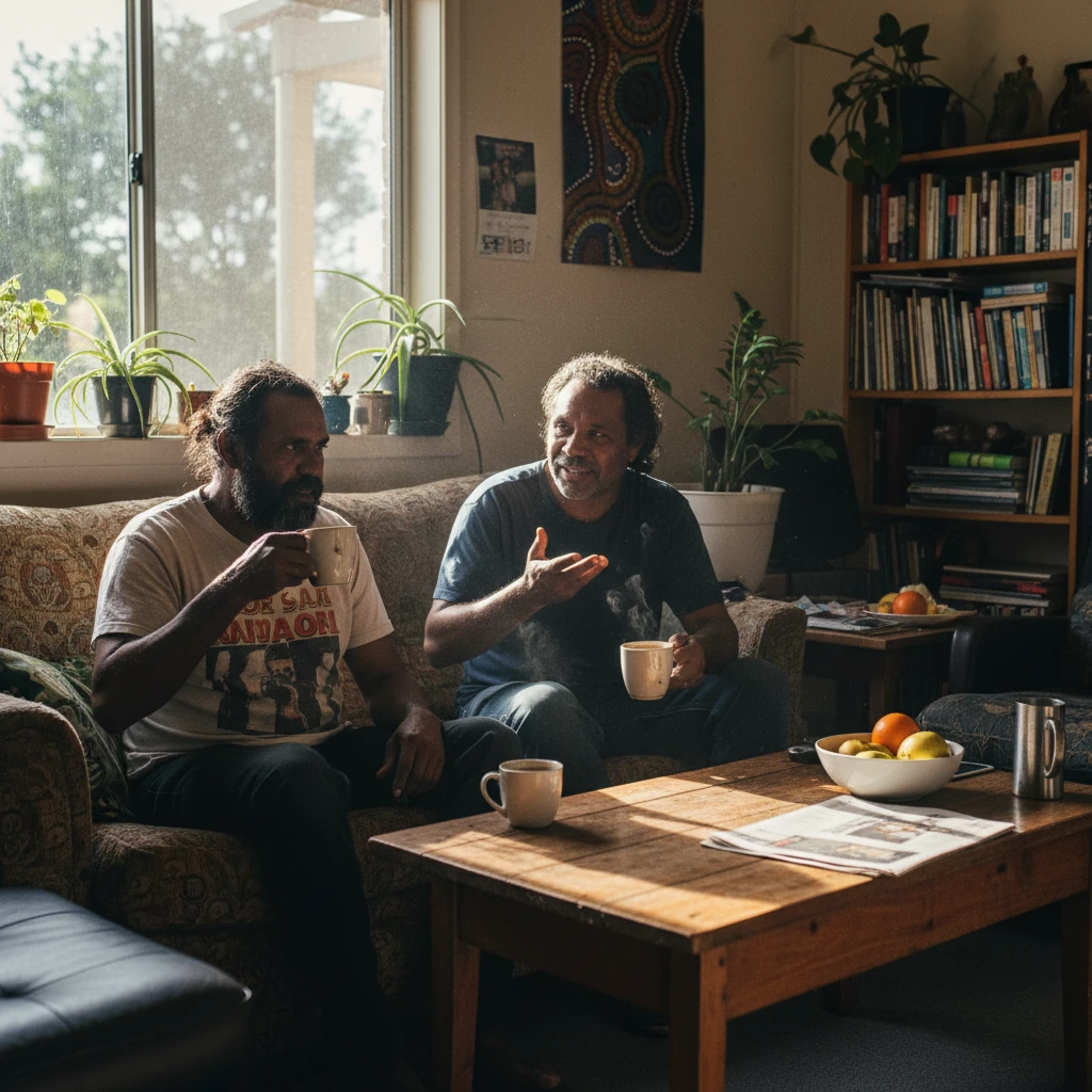 two men sharring a coffee and talking in their loungeroom