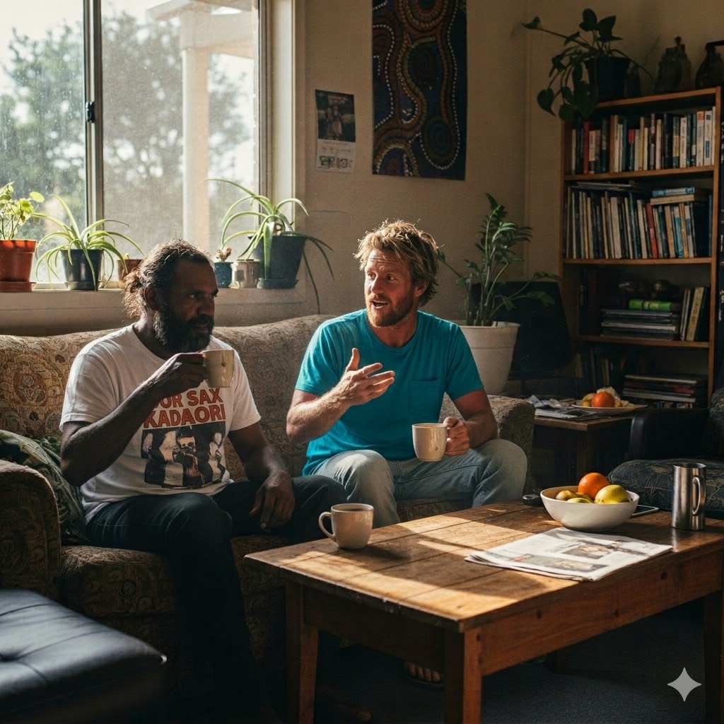 two men sharring a coffee and talking in their loungeroom