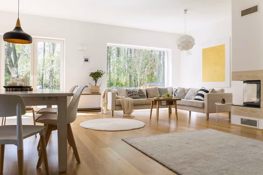 A comfortable open-concept living and dining room.