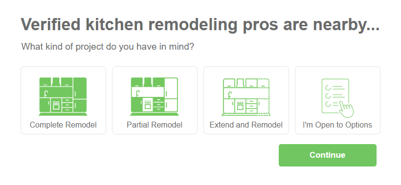 User interface with options for kitchen remodeling projects: Complete Remodel, Partial Remodel, Extend and Remodel, and I'm Open to Options, with a green Continue button.