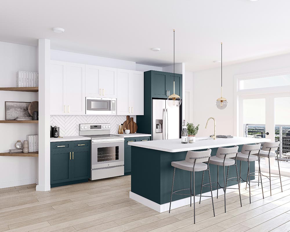 Kitchen remodel in Houston with dark teal lower cabinets, white upper cabinets, a large island with white countertop and four bar stools, pendant lights, and light wood flooring.