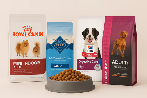 Border Collie feliz con un plato de comida de perro, rodeado de bolsas de comida de perro