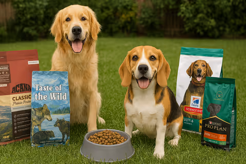 Dos perros con un plato de comida entre ellos, rodeados de bolsas de comida.