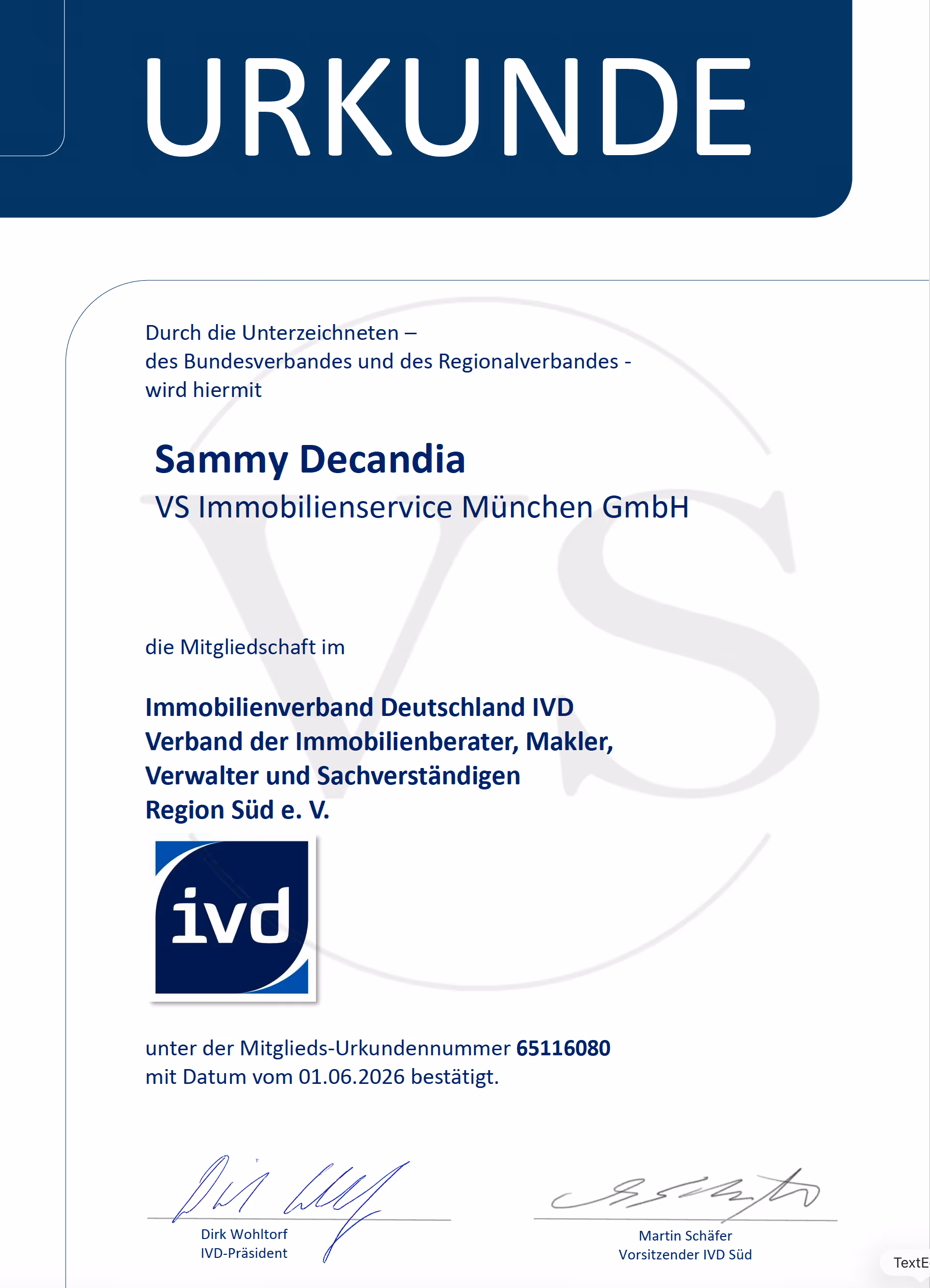IVD-Mitgliedsurkunde