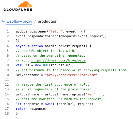 Capture d'écran du code du reverse proxy pour Cloudflare