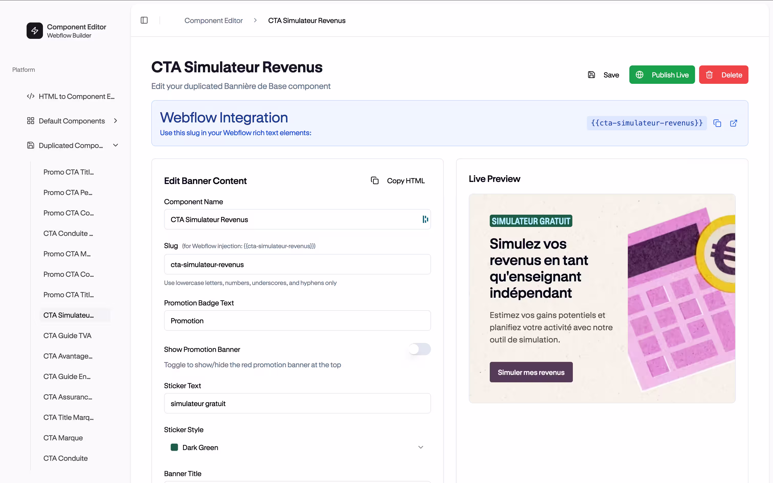 capture d'écran du component editor construit par Justa