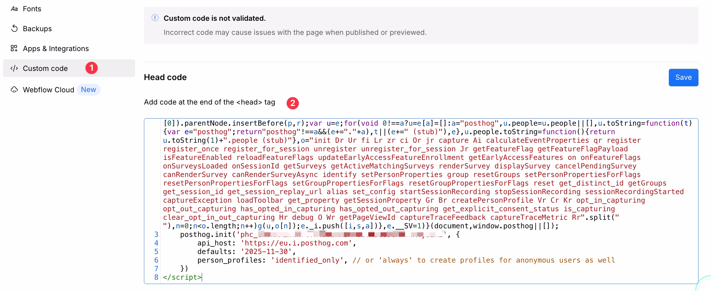 intégrer snippet posthog dans Webflow