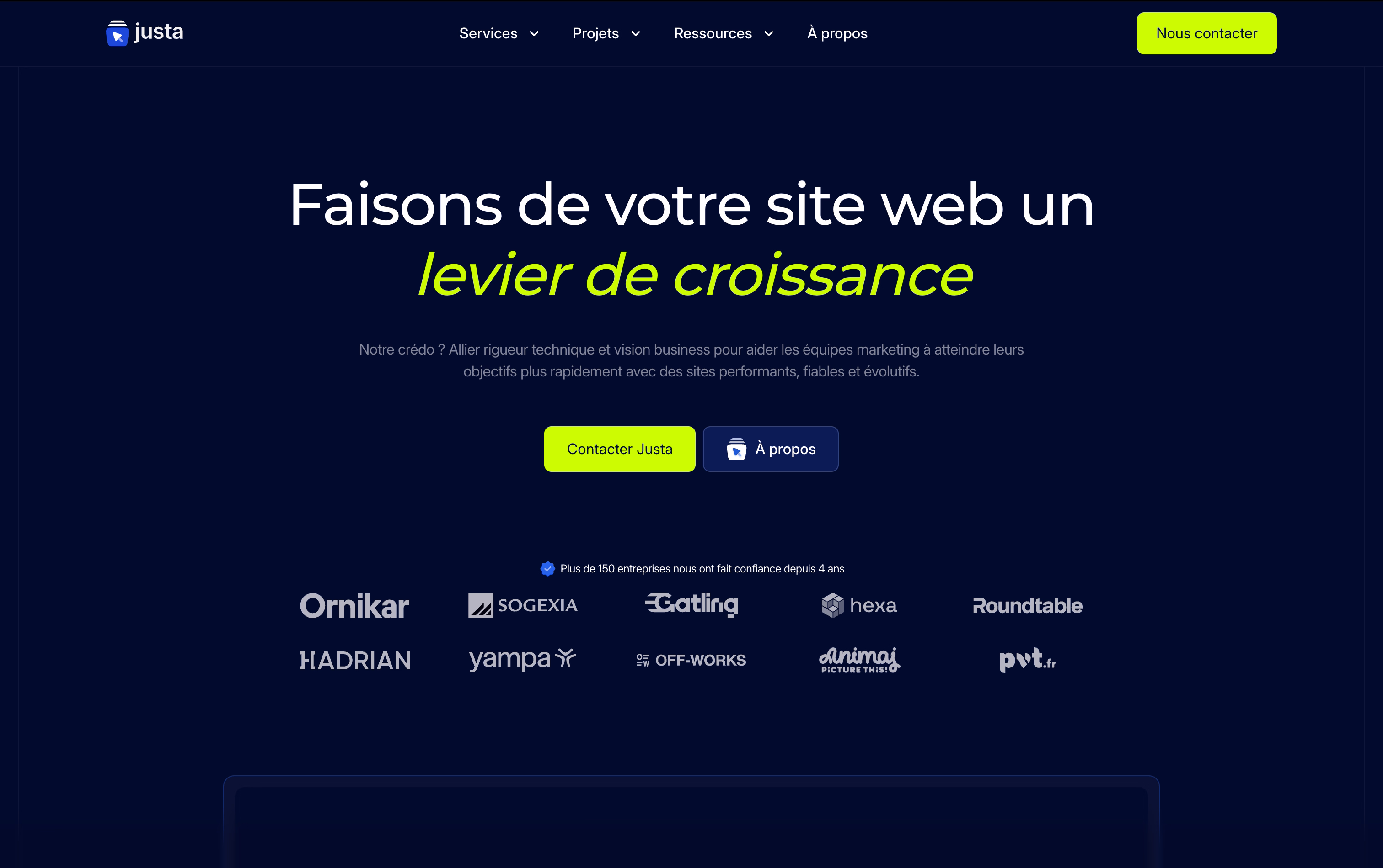 Capture d'écran de la page d'accueil de Justa, agence Webflow