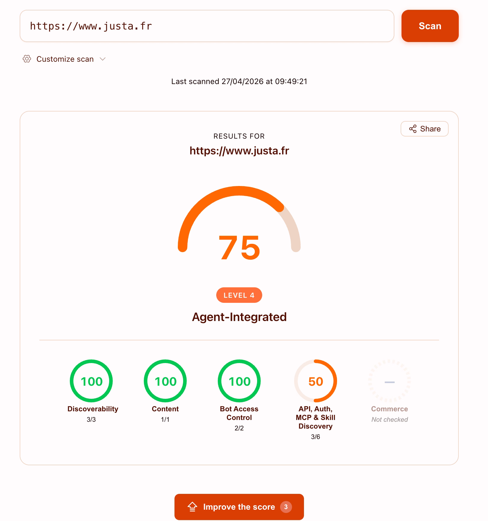 score agence Webflow sur isitagentready